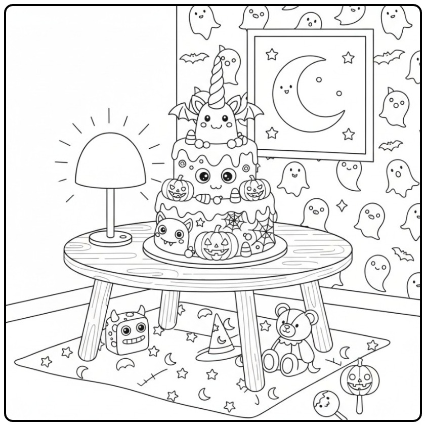 Printable Unicorn Halloween Cake with Little Ghosts coloring page
