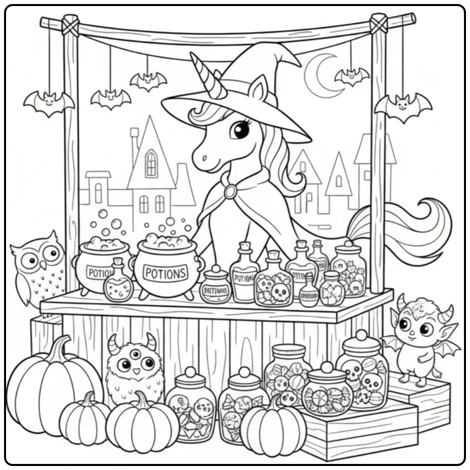 Printable Unicorn Witch for Halloween and Friends coloring page