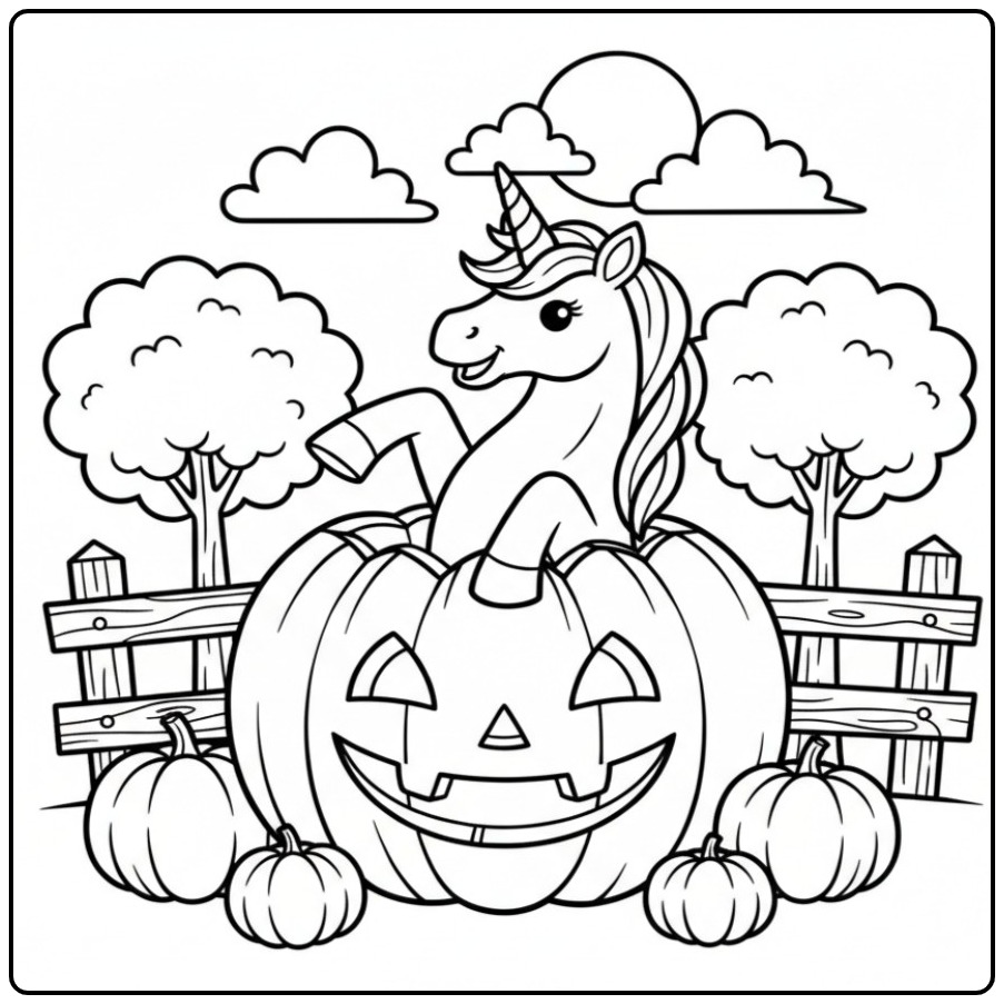 Printable Unicorn with Pumpkin for Halloween 1 coloring page