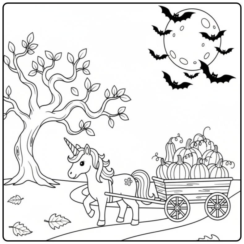 Printable Unicorn with Pumpkin for Halloween Scene 1 coloring page