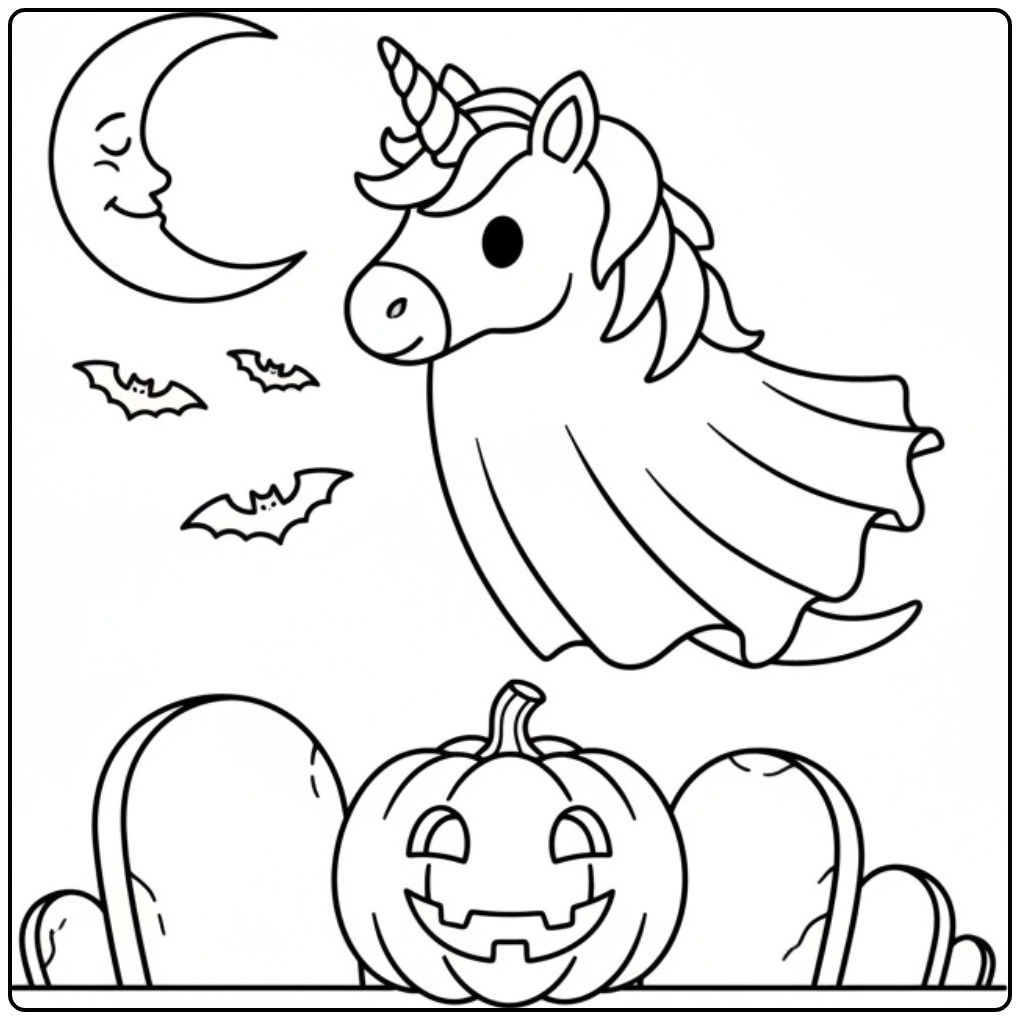 Printable Unicorn Ghost for Halloween in the Night coloring page