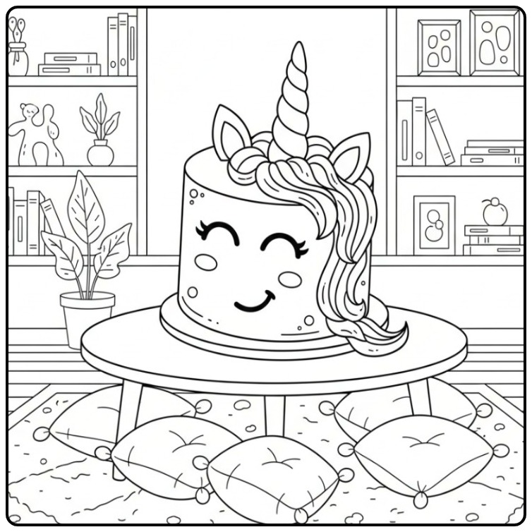 Printable Unicorn Cake with a Cheerful Little Face coloring page