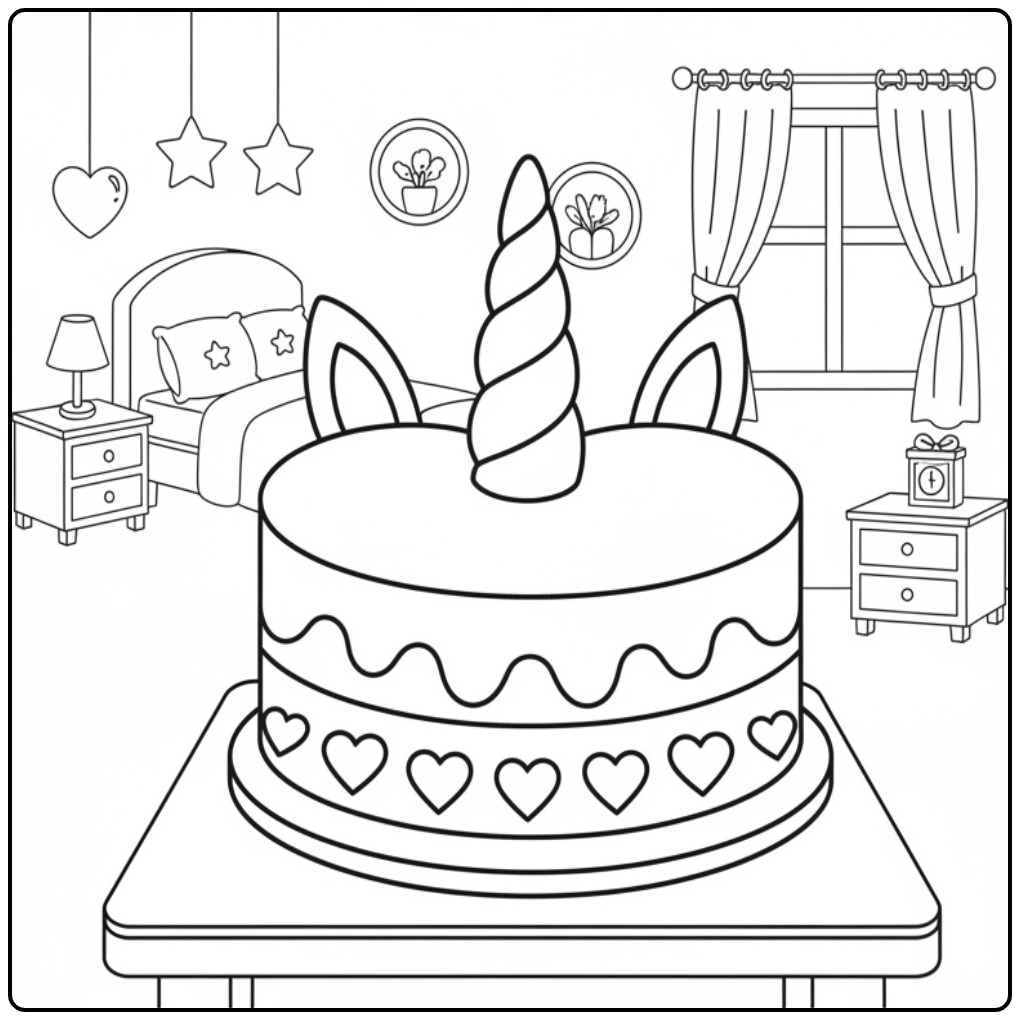Printable Unicorn Cake with Hearts for Children coloring page