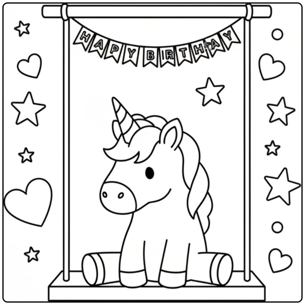 Printable Unicorn Birthday with a Streamer coloring page
