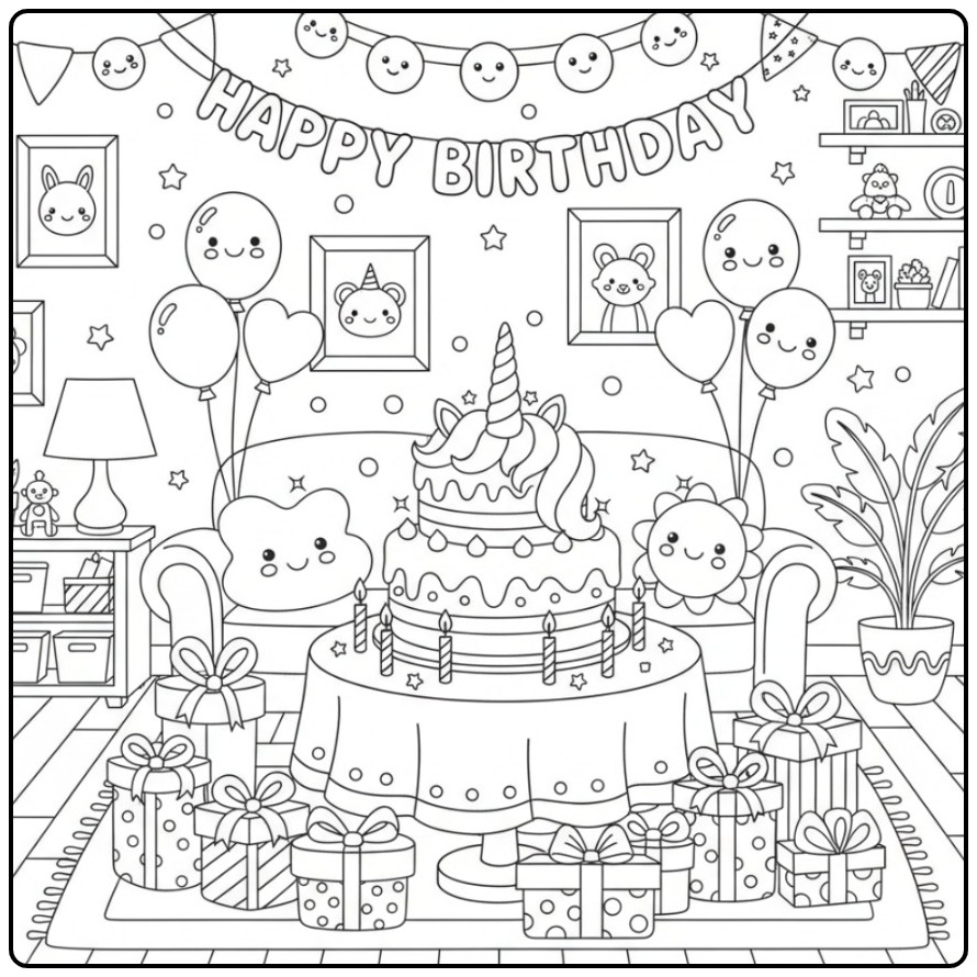 Printable Unicorn Birthday Cake for a Party coloring page