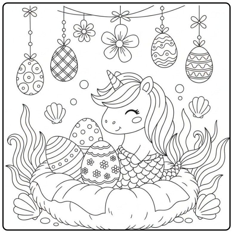 Printable Unicorn Mermaid with Eggs Easter coloring page