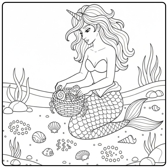 Printable Unicorn Mermaid on Bodem of the Sea coloring page