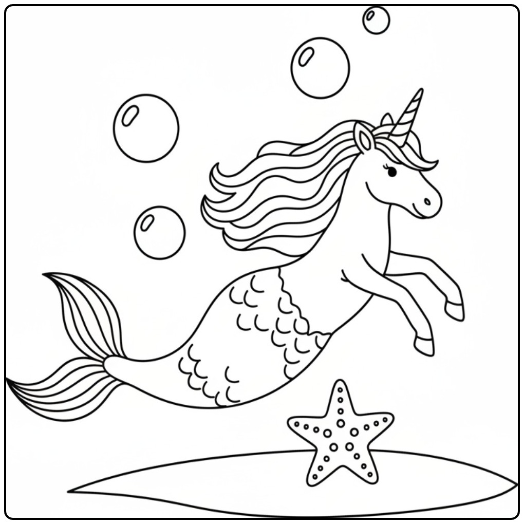 Printable Unicorn Mermaid Swimming in the Sea coloring page