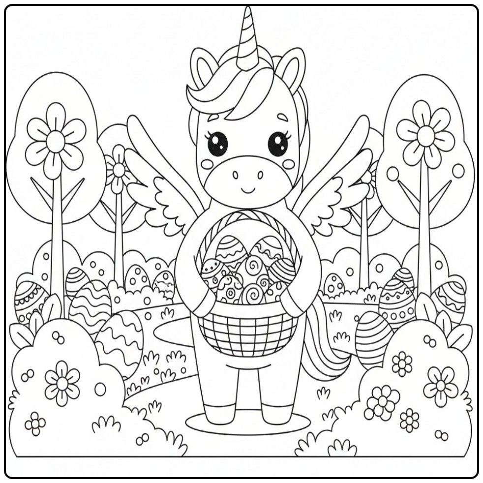 Printable Pasencoloring Page Unicorn with Wings in a Spring Landscape coloring page