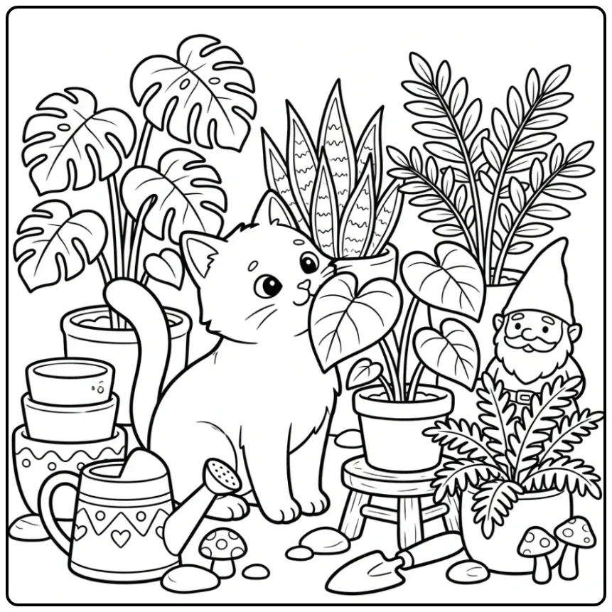 Cute Cat coloring page sniffing plants and a gnome