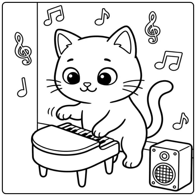 Cute Cat coloring page with piano and music notes