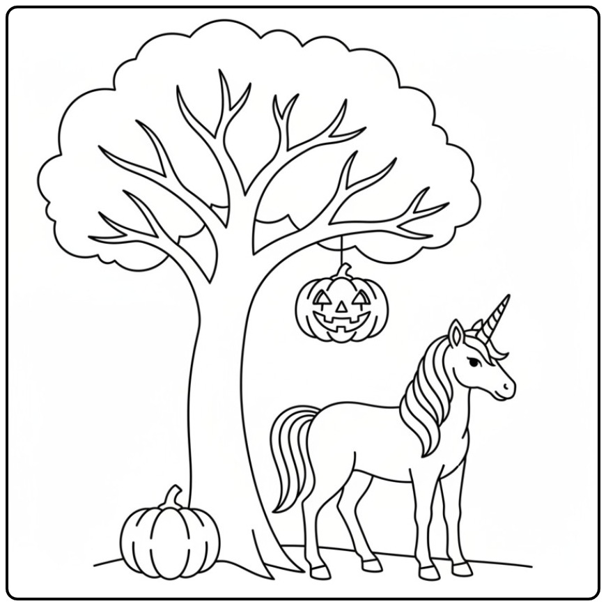 Printable Unicorn Halloween a Spooky Tree coloring page