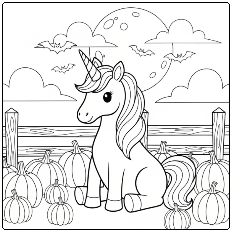 Printable Unicorn Halloween Moon and Bats coloring page