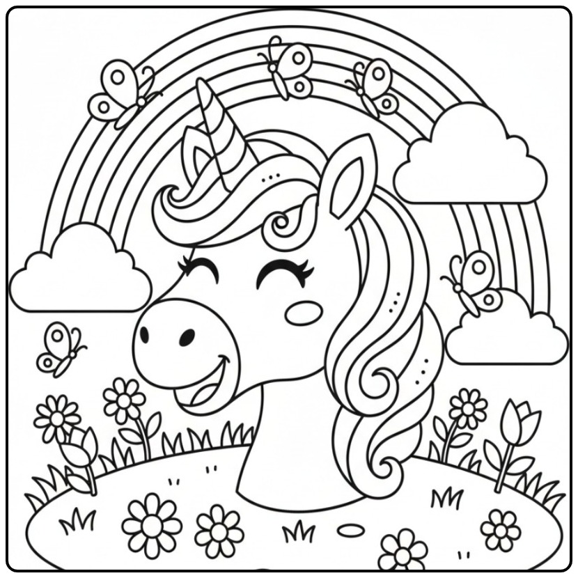 Printable Unicorn Head and Rainbow for Children coloring page