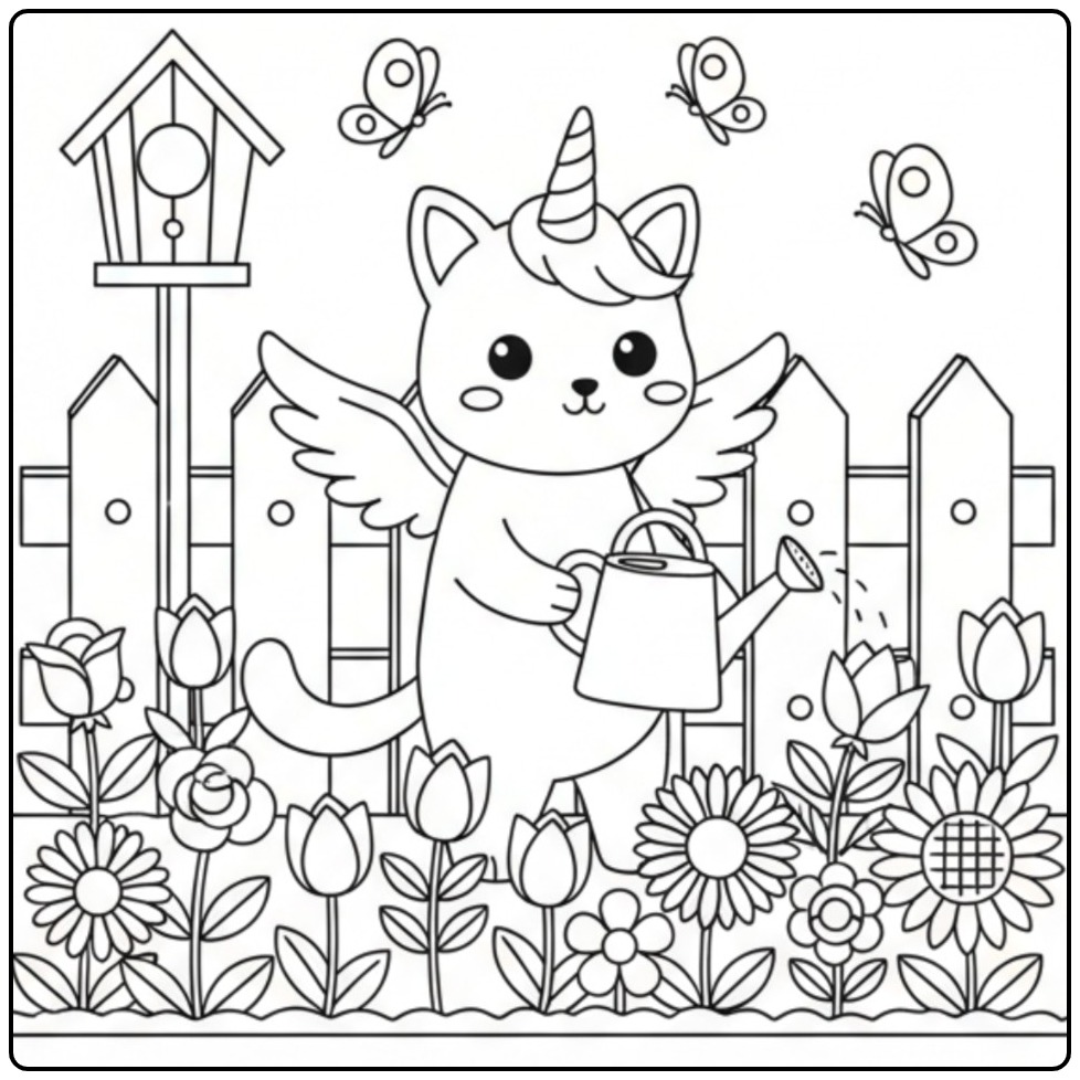 Printable Unicorn Cat in a Magical Garden coloring page