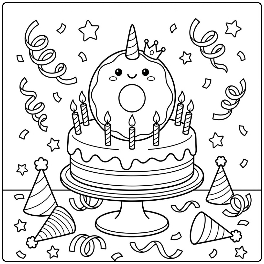 Printable Birthday Donut Unicorn for a Party coloring page