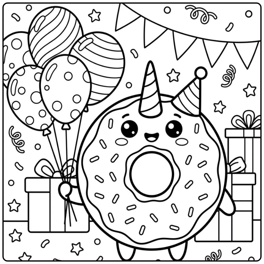 Printable Birthday Donut Unicorn for a Party coloring page