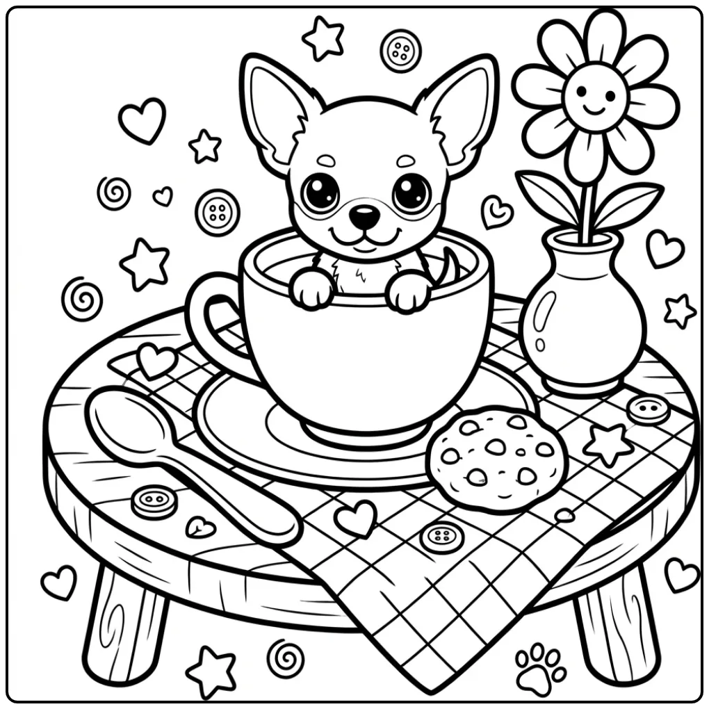 Easy Puppy in a Teacup with Cookie coloring page