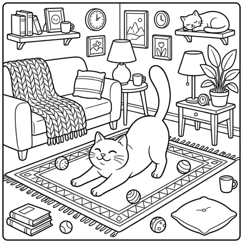 Cat coloring page stretching on a rug