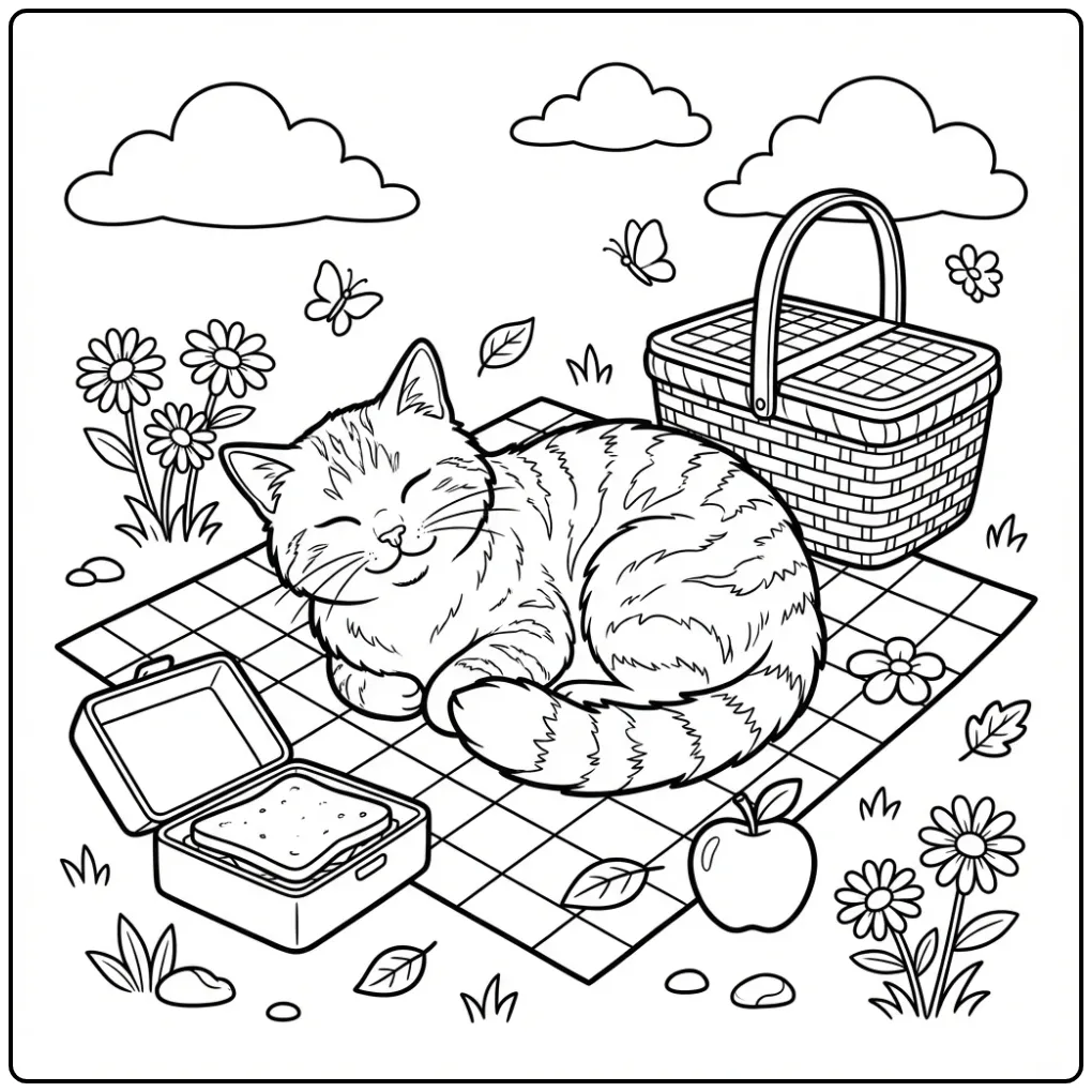 Cat coloring page sleeping on a picnic blanket