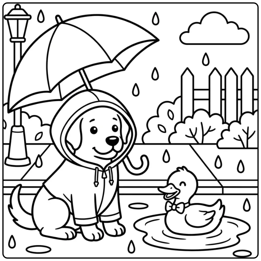 Labrador Wearing a Raincoat with a Duckling coloring page