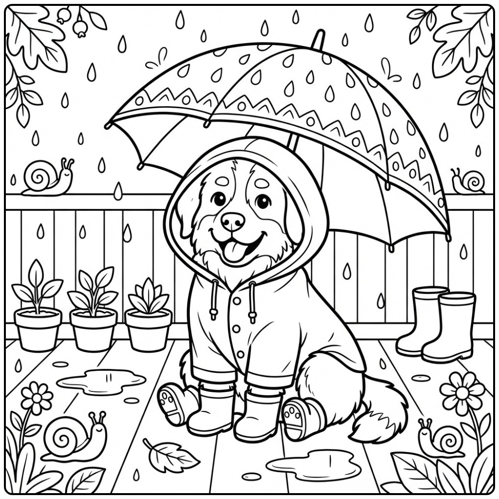 Bernese Mountain Dog in a Raincoat with Umbrella coloring page