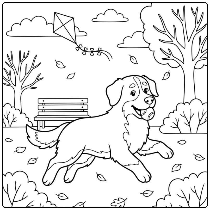 Bernese Mountain Dog Running with a Ball and Kite coloring page