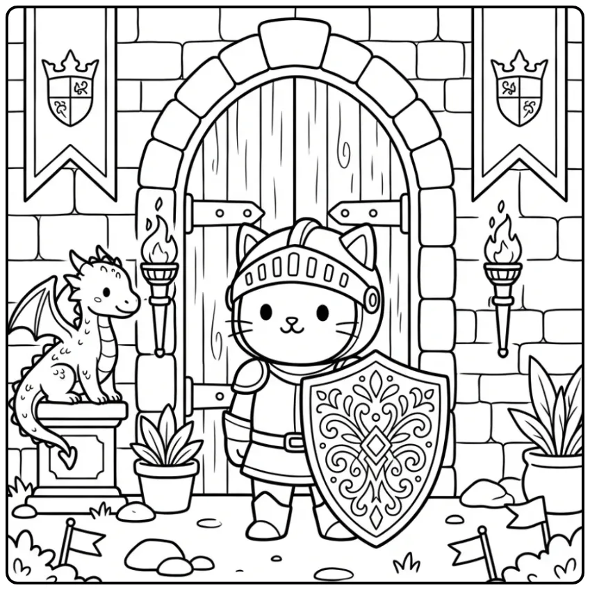 Difficult Cat coloring page with shield and dragon