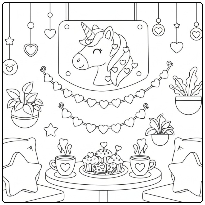 Romantic Unicorn Head Valentine in a Cafe coloring page