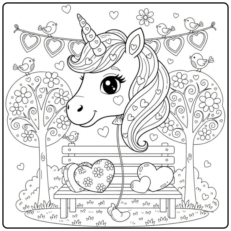 Romantic Unicorn Head Valentine with Little Birds coloring page