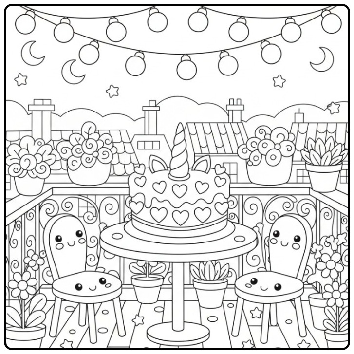 Romantic Unicorn Cake with Hearts on Table coloring page