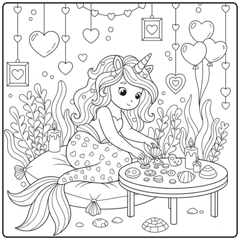 Romantic Unicorn Mermaid with Hearts Valentine coloring page