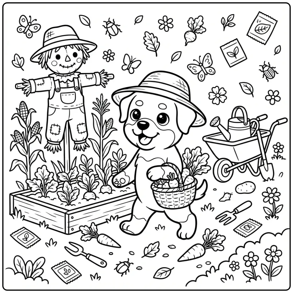 Rottweiler Puppy in a Vegetable Garden coloring page