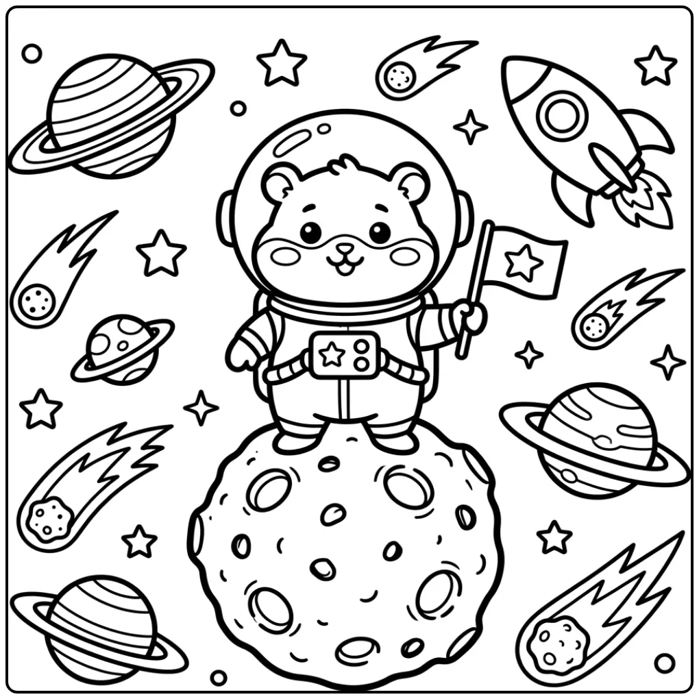 Baby Hamster coloring page astronaut with rocket and stars