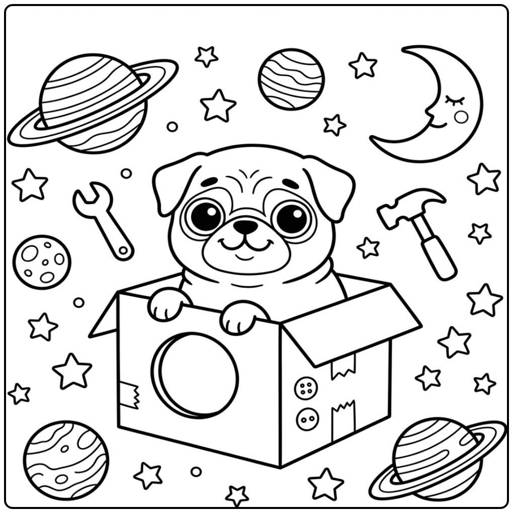 Space Adventure Pug with Planets and Stars coloring page