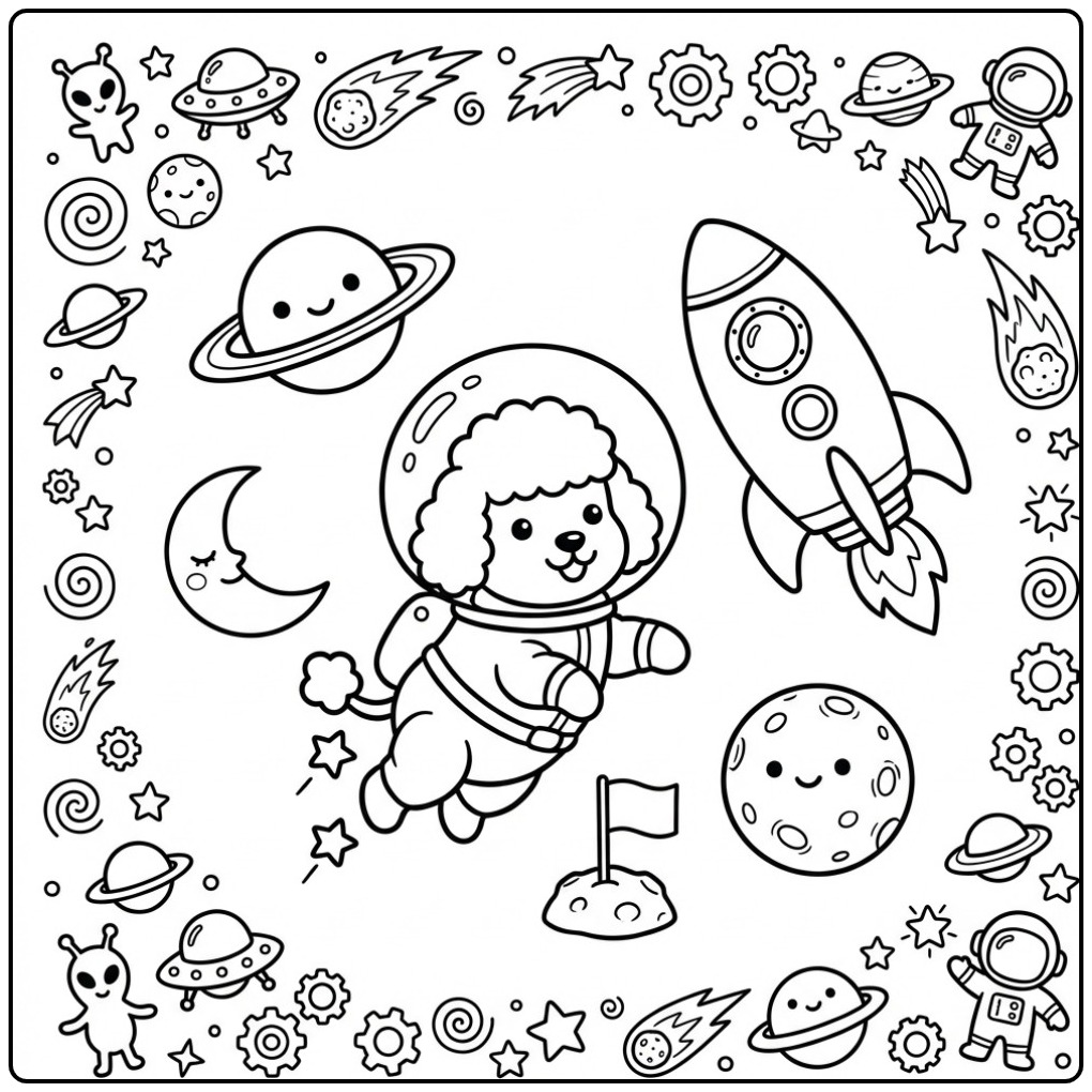 Space Adventure Poodle with Rocket and Planets coloring page