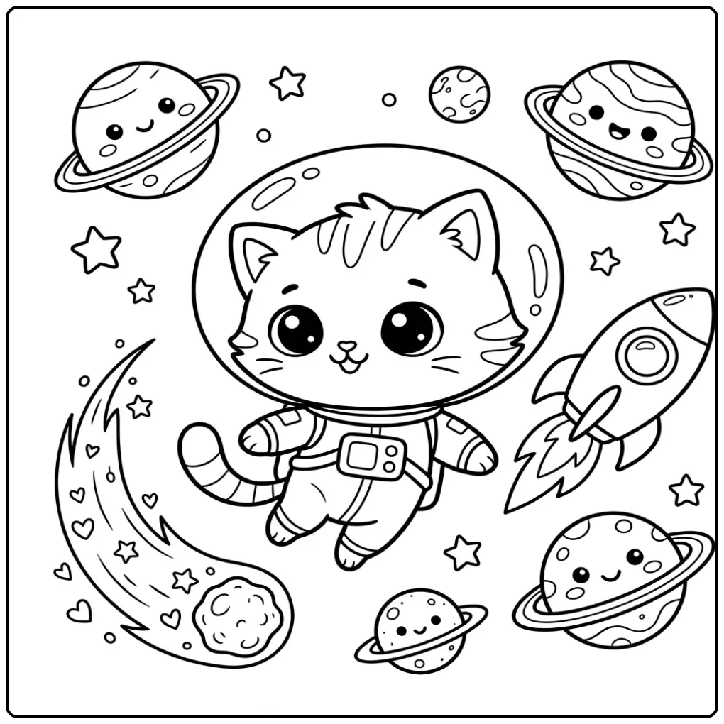 Kawaii Kitten Space Adventure with Rocket coloring page