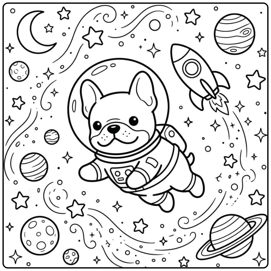 Space Adventure French Bulldog with a Rocket coloring page