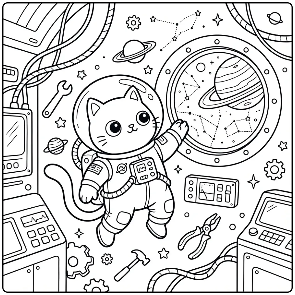 Difficult Cat coloring page astronaut in space