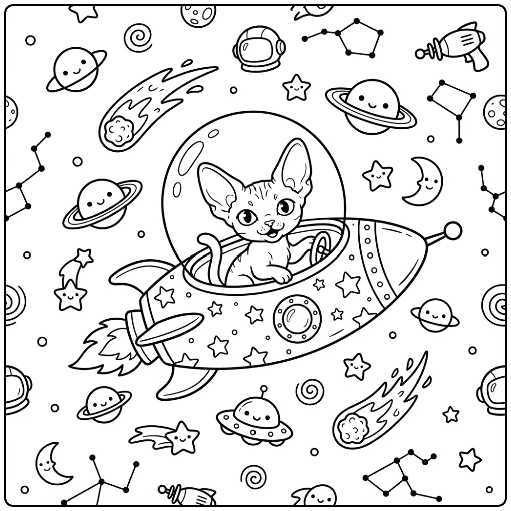 Cute Kitten Space Adventure in a Rocket coloring page