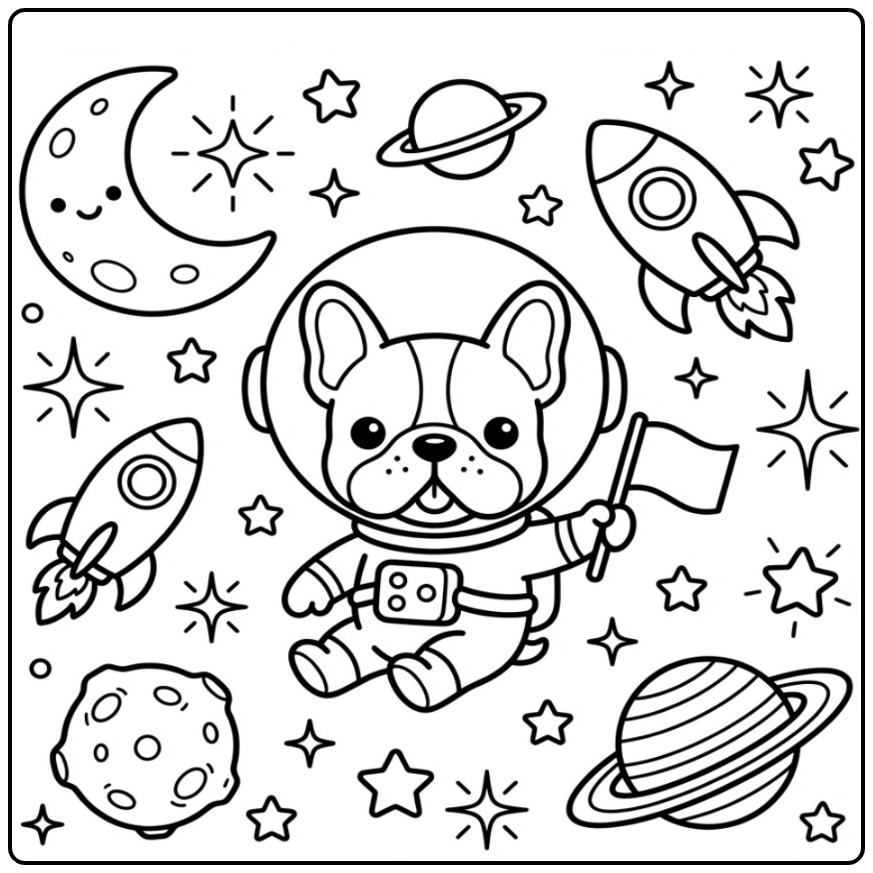 Space Adventure with a Cute French Bulldog coloring page