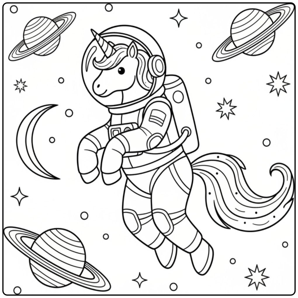 Space Adventure with a Unicorn Easy and Planets coloring page