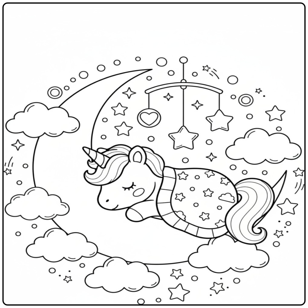 Resting Baby Unicorn on the Moon with Stars coloring page