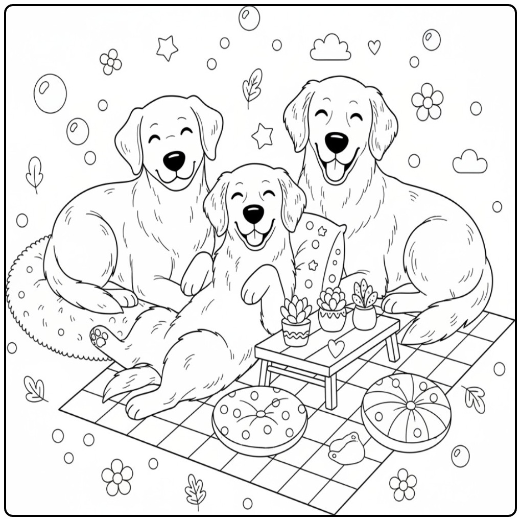 Labrador, Golden Retriever, and Flat-Coated Retriever at a Picnic coloring page