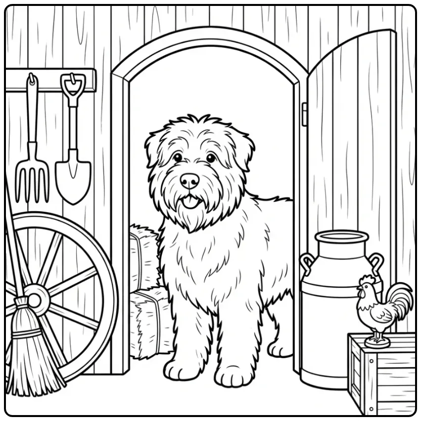 Bouvier Guarding a Farm Barn coloring page