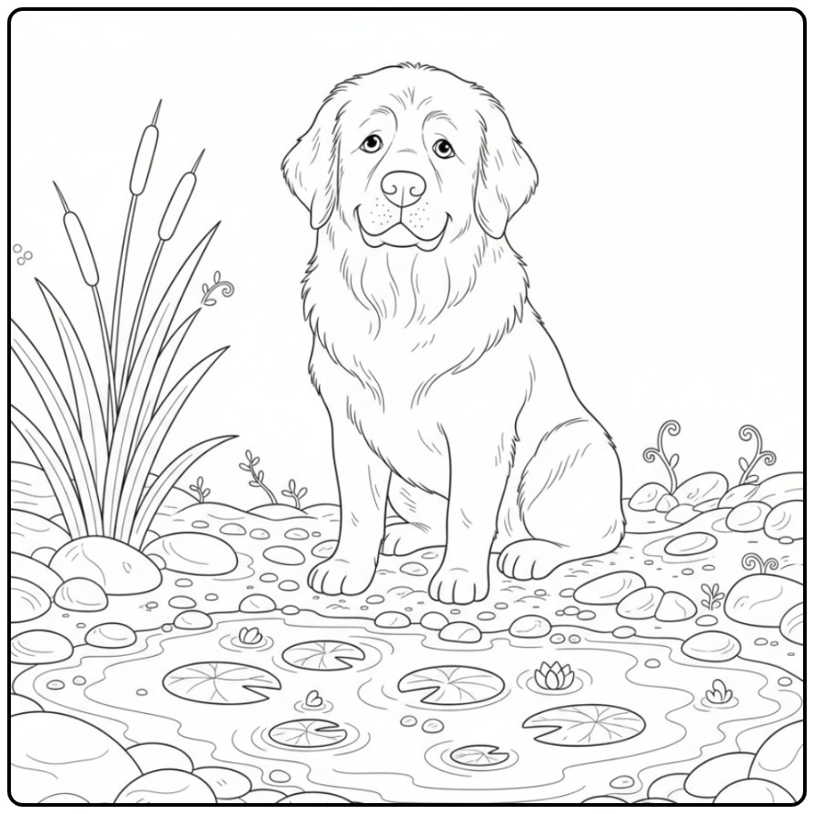 Newfoundland Dog by a Peaceful Lake coloring page