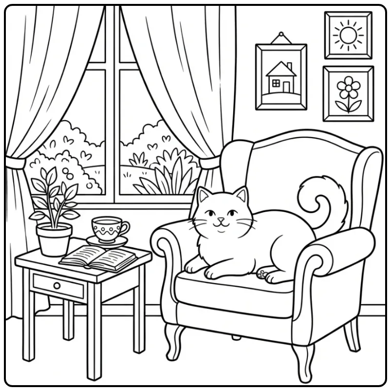 Adult Cat coloring page on a chair