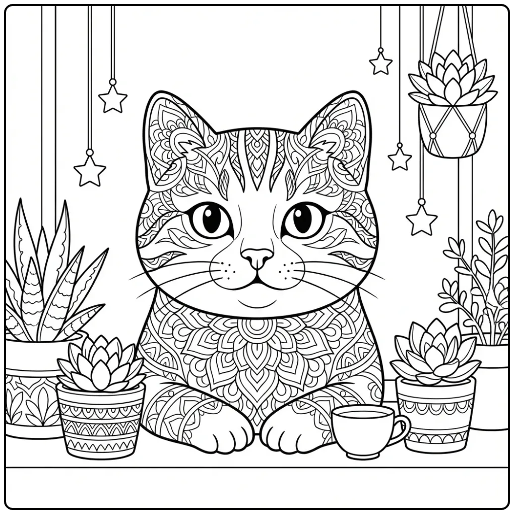 Mandala Cat coloring page by the window with plants