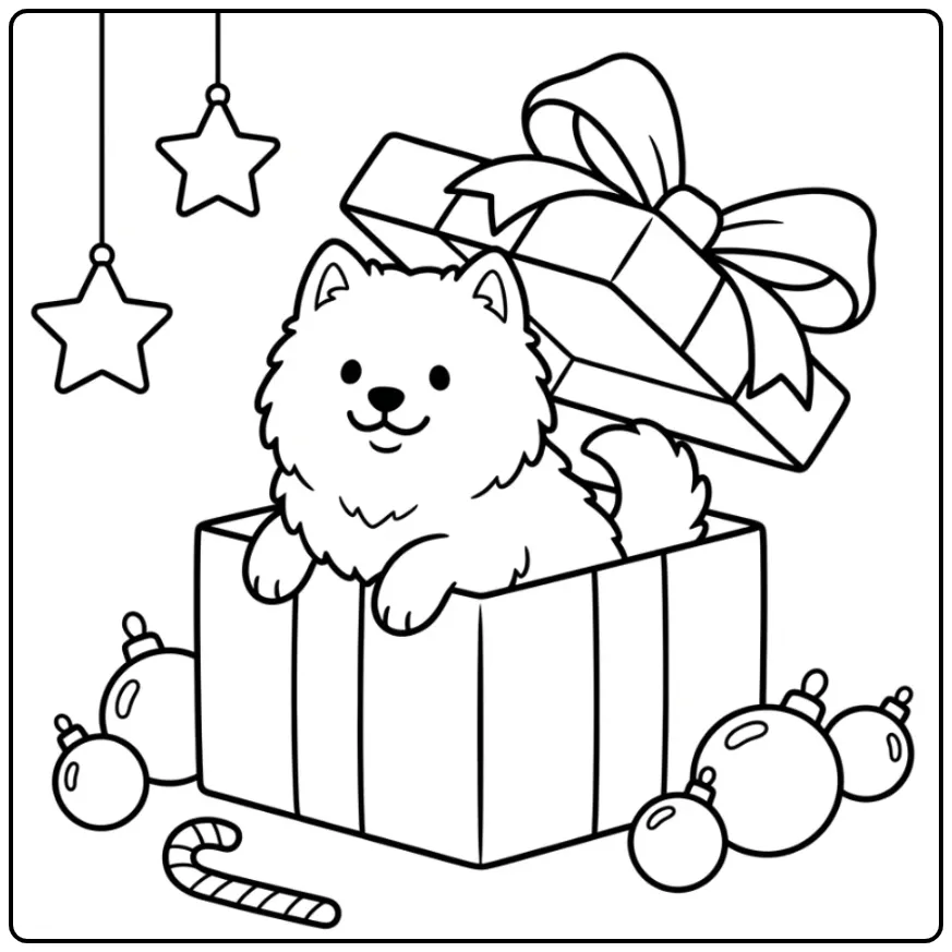Easy Samoyed Puppy in a Gift Box coloring page