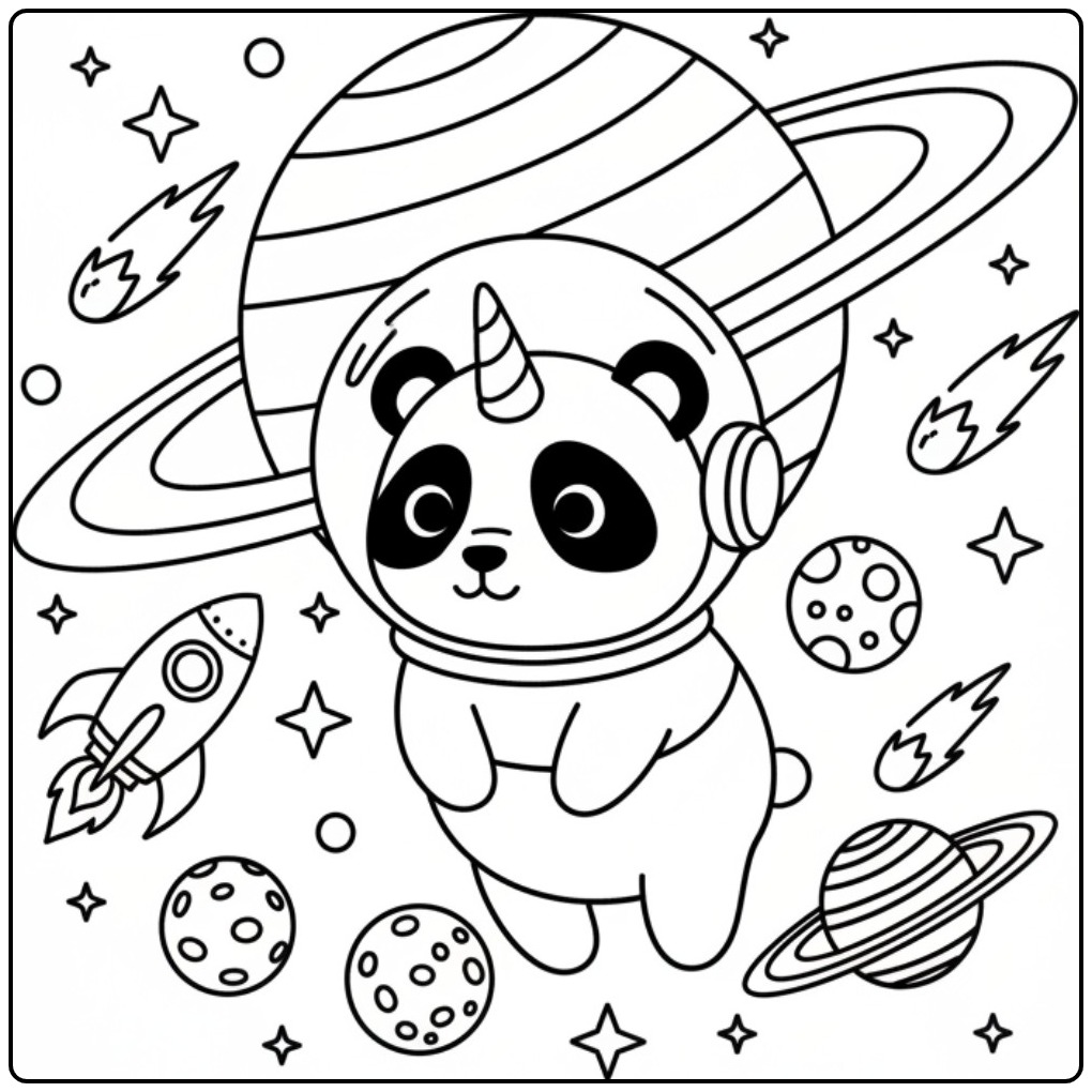 Cute Astronaut Unicorn Panda in the Space coloring page